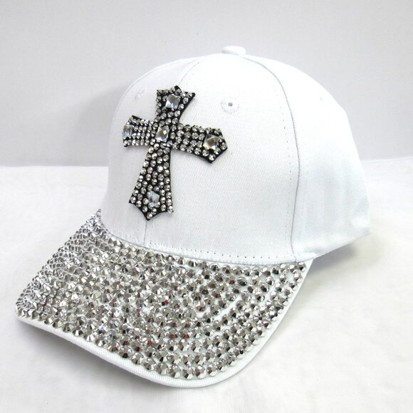 Women's Cross Design White Bling Sparkle Rhinestone Baseball Hat Cap NEW - Picture 2 of 6